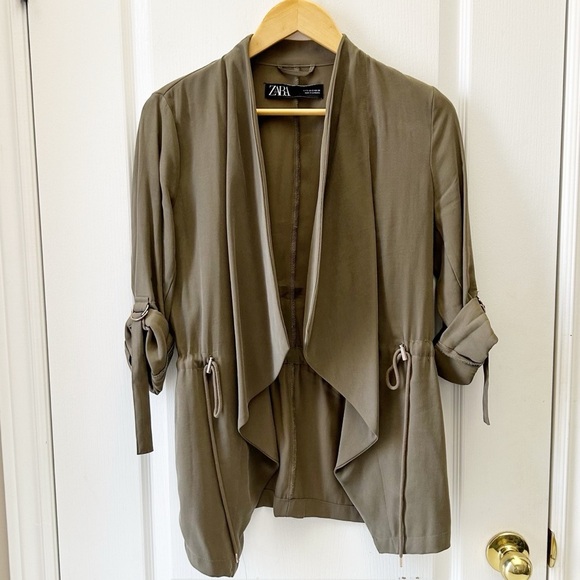 Zara Women's Olive Green Waterfall Open Front Draped Jacket Blazer Size Small - Picture 4 of 16